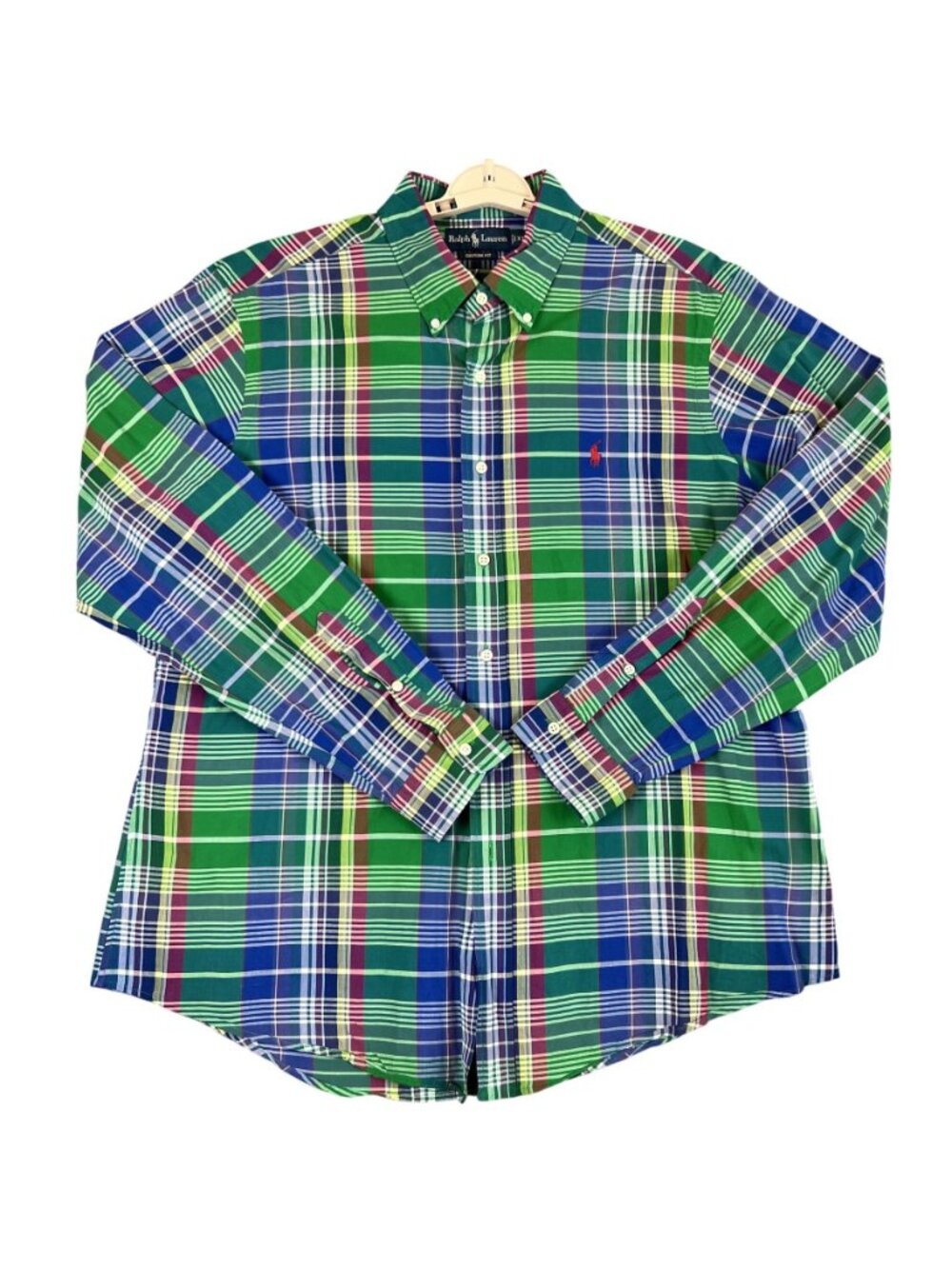 Ralph Lauren Mens Green Blue Plaid Button-Down Shirt XL Custom Fit Cotton Long S - Picture 2 of 9